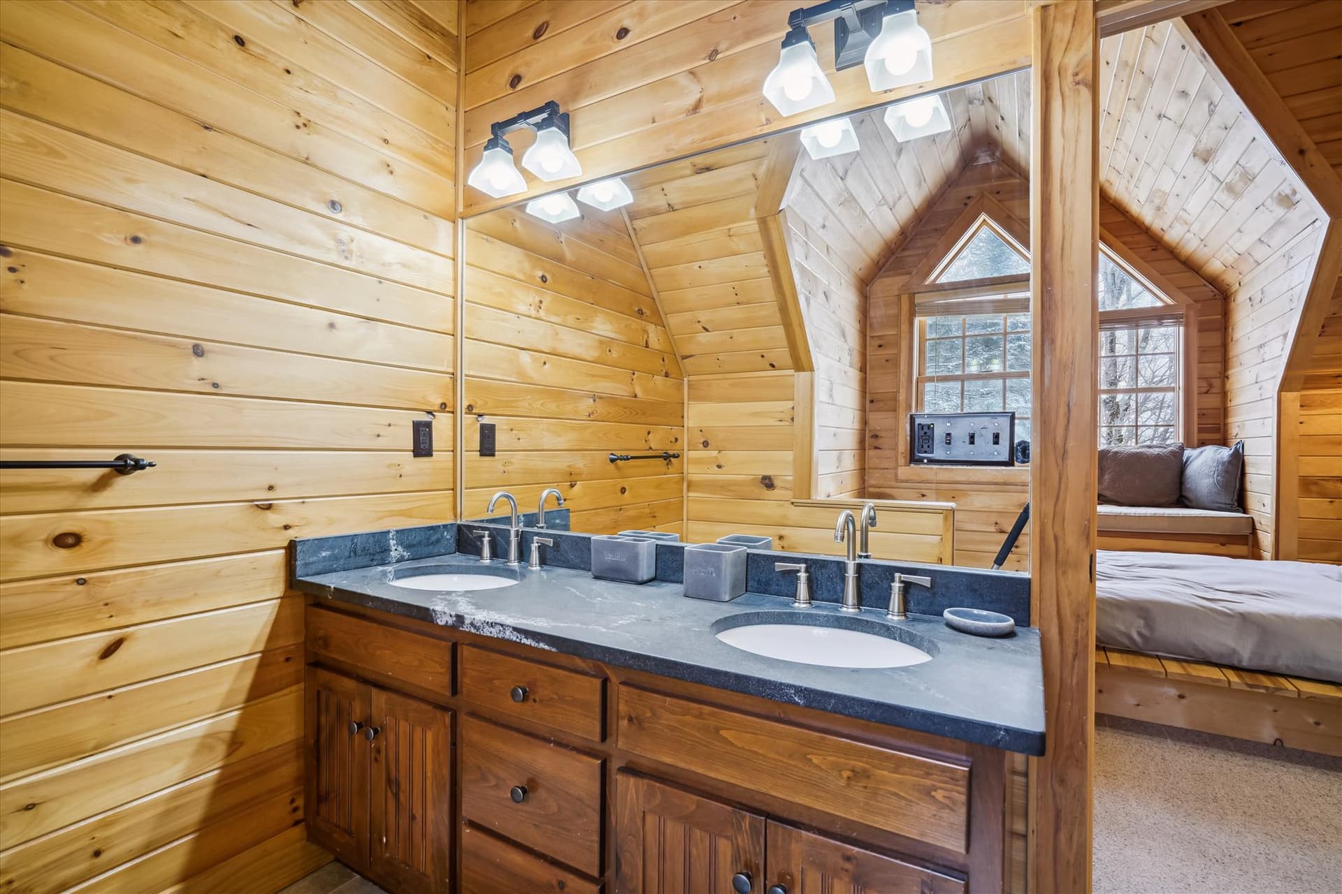 One of the four bathrooms. This one has double sinks for space and functionality.