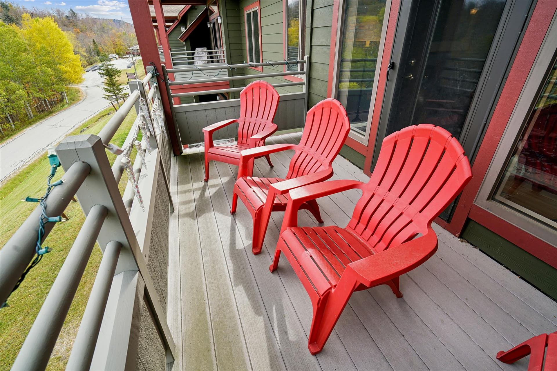 This upper-level balcony features bright Adirondack chairs and sweeping views of Killington's rolling hillsides. The perfect spot to unwind, watch the seasons change, or stargaze on clear nights.