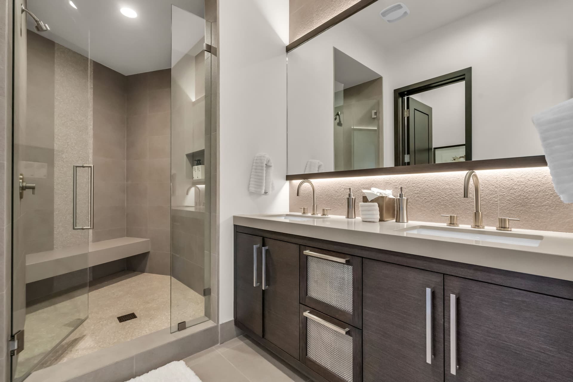 Walk-in Shower with Glass Door and Double Sink Bath Vanity