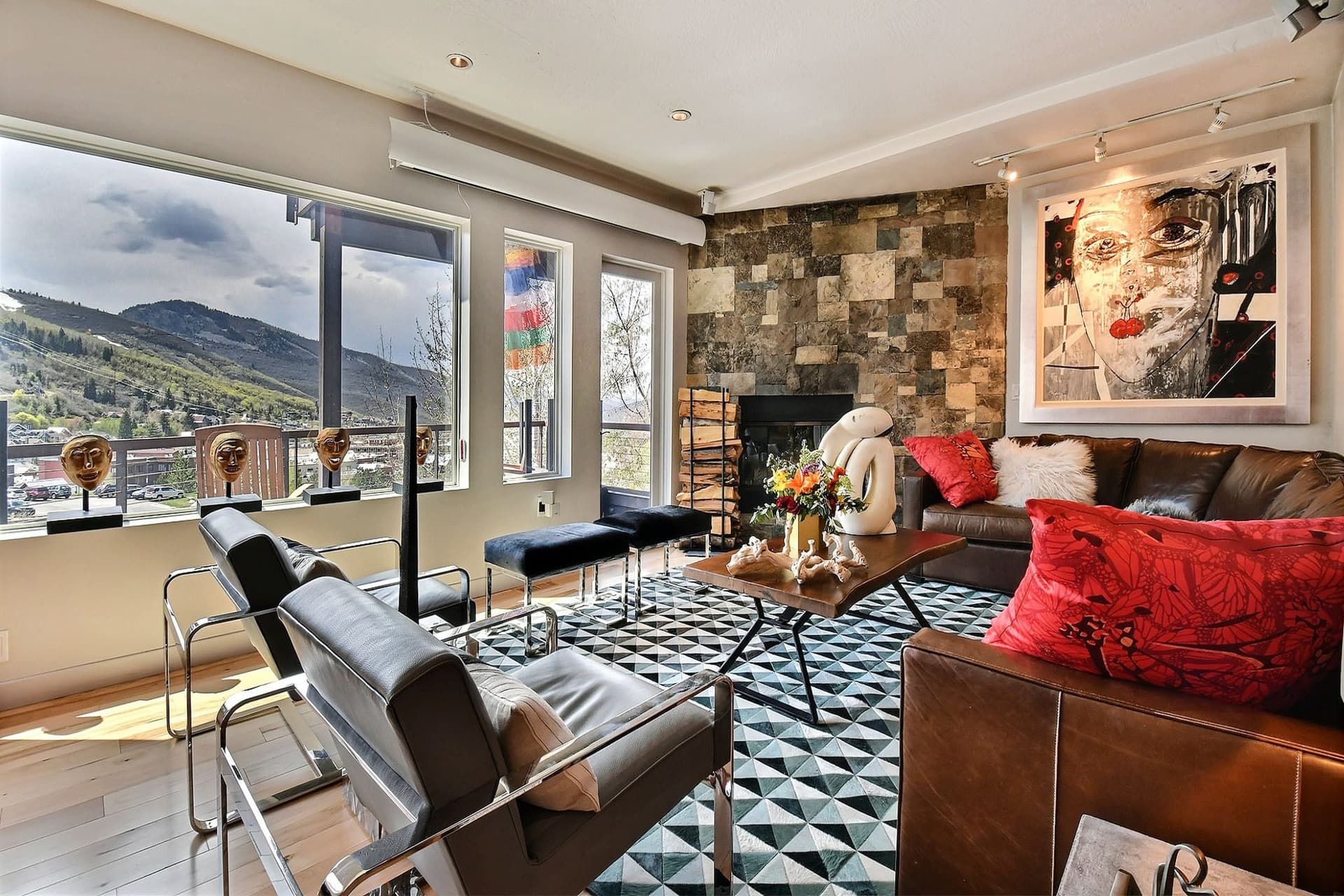 Leather Chairs, Benches, Coffee Table, Masks inside Main Street Retreat