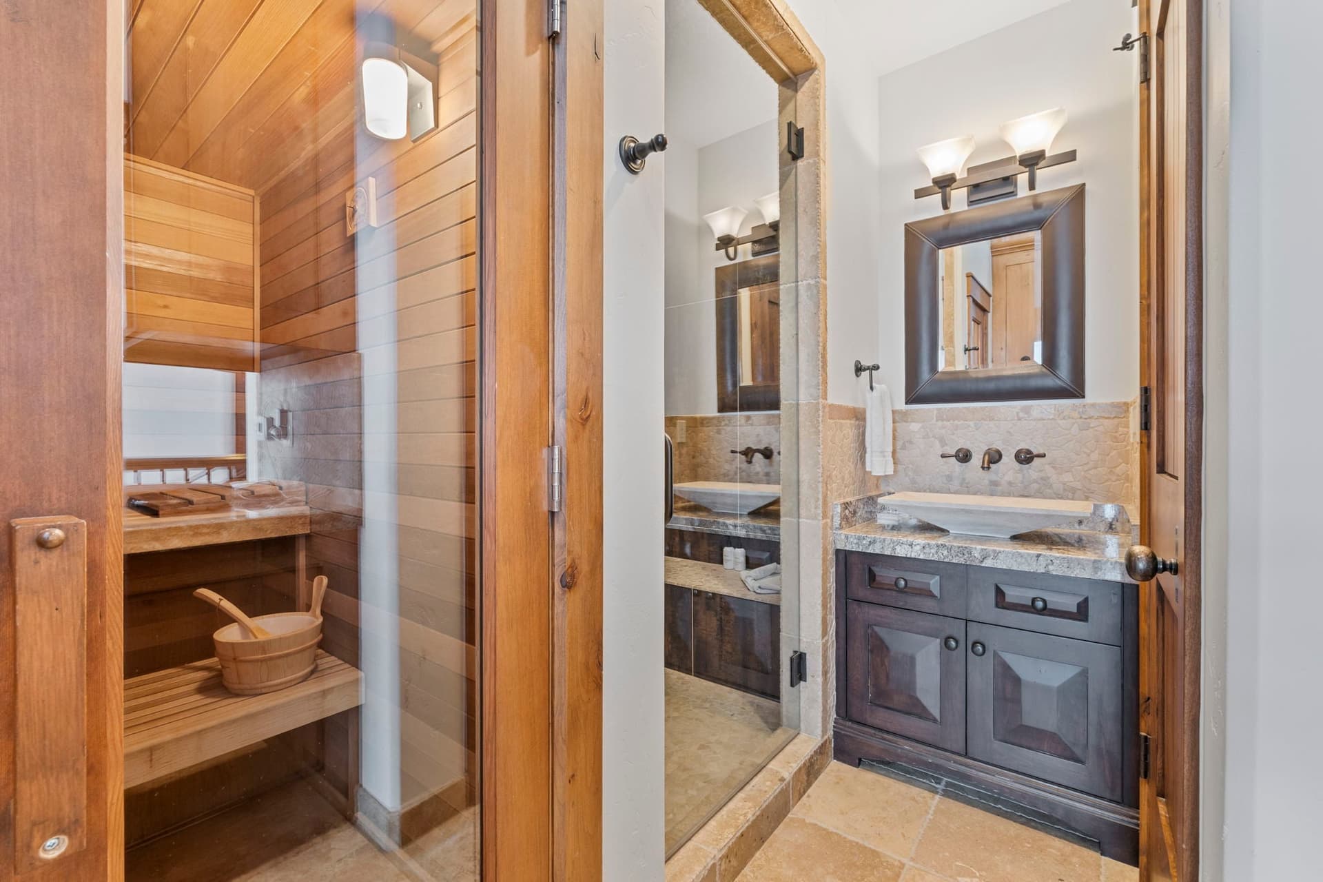 ski room with full bath and sauna