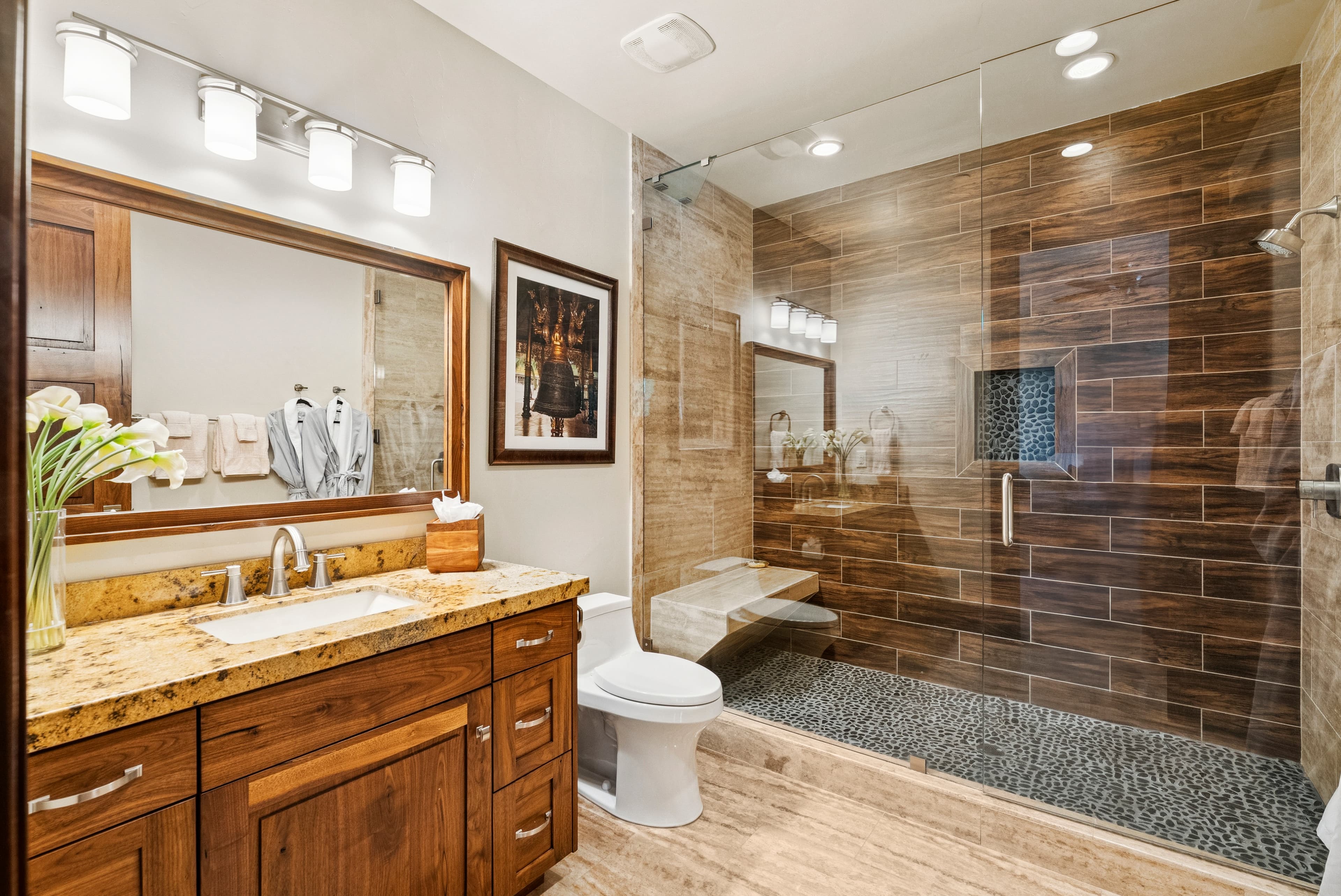 guest suite en suite bath, with large custom vanity and massive walk in shower