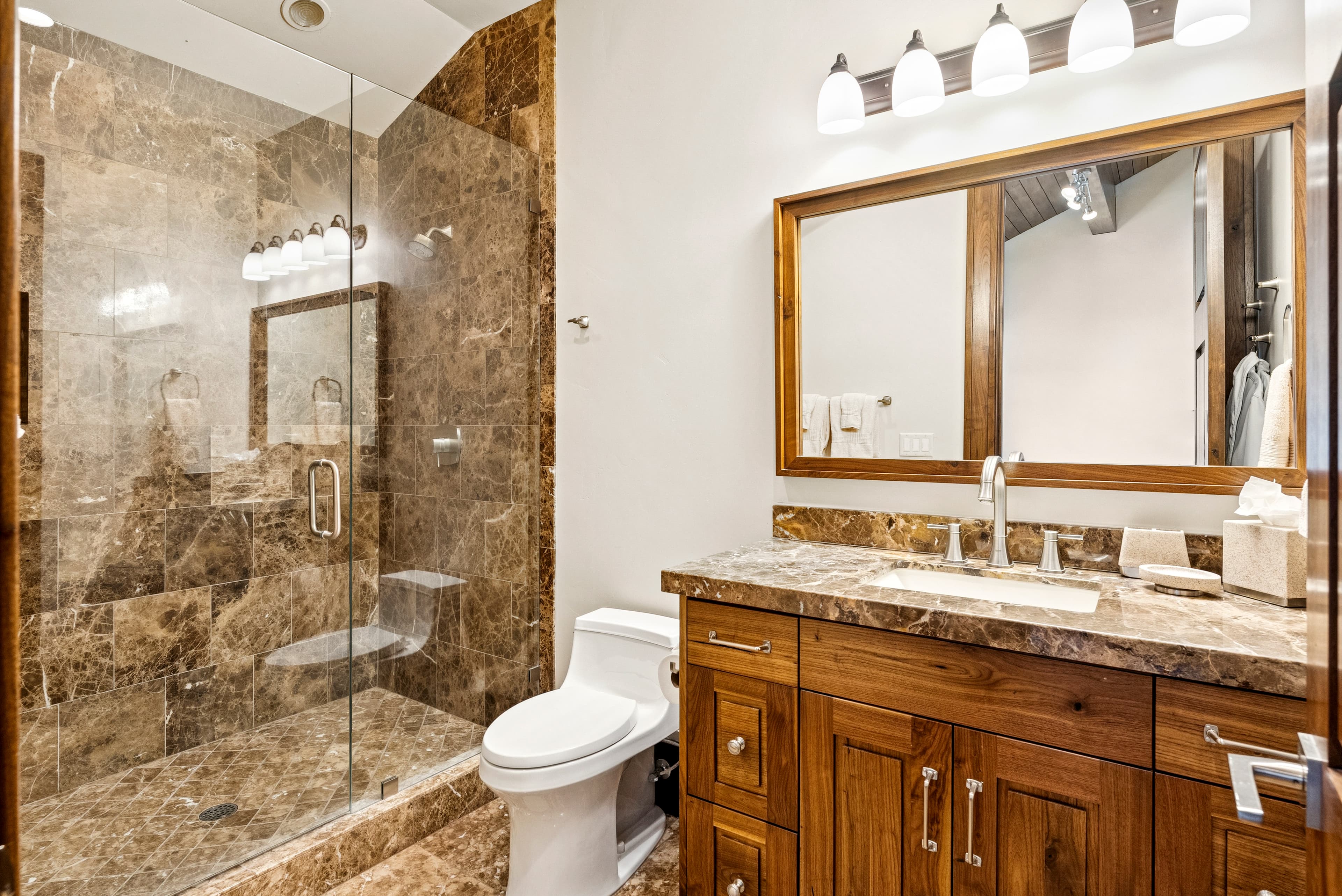 guest bathroom with large walk in shower and sink vanity